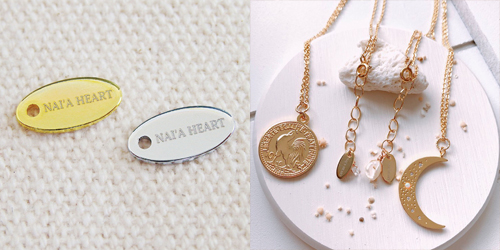 アクセサリープレート　ブランドプレート　NAI'A HEART 様　真鍮製／光沢金メッキ・光沢銀色メッキ／レーザー刻印
