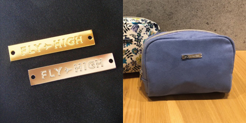 アクセサリープレート　ブランドプレート　FLY HIGH 様　真鍮製／光沢金メッキ・光沢銀色メッキ／金型刻印