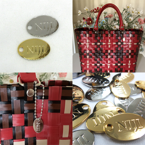アクセサリープレート　ブランドプレート　かごバッグ工房 虹　真鍮製／光沢金・銀色メッキ／金型刻印