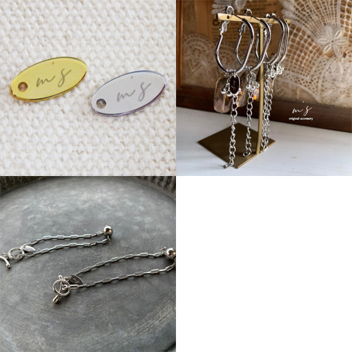 アクセサリープレート　ブランドプレート　ｍ's factory 様　真鍮製／光沢金メッキ・光沢銀色メッキ／レーザー刻印