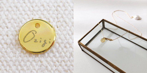 アクセサリープレート　ブランドプレート　ozigi 様　真鍮製／光沢金メッキ／レーザー刻印
